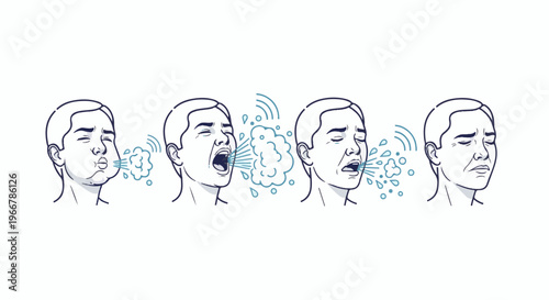 Sequence of faces demonstrating breath expulsion, cough, and reaction