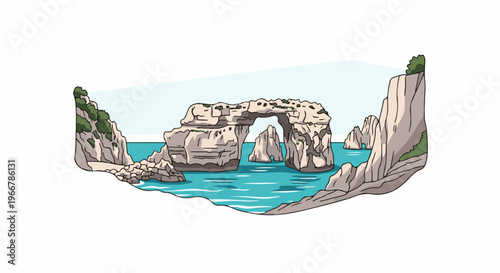 Coastal cliffs with a natural rock arch over turquoise water