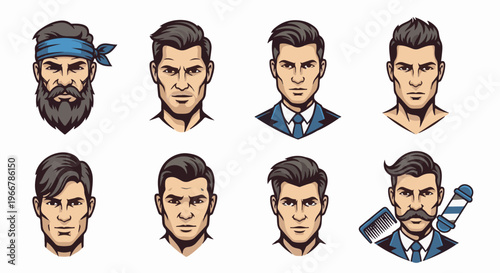 Diverse male portraits showcase various hairstyles, beards, and professional attire