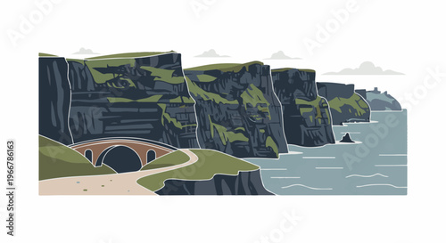 Coastal cliffs overlook a vast ocean, with a stone bridge arching over a road