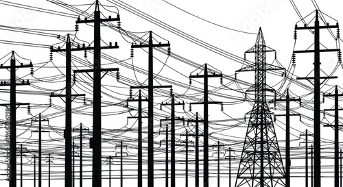 Dense network of silhouetted power lines and utility poles against a white background electricity