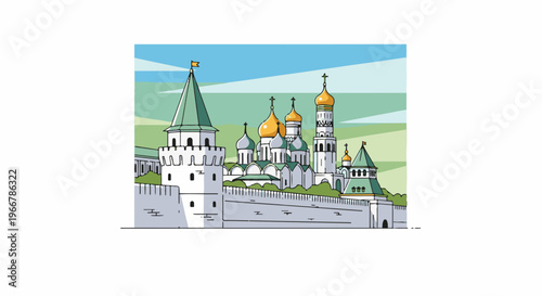 Stylized drawing of a fortified complex with domes and towers