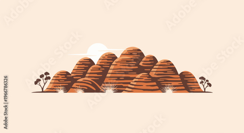 Stylized desert rock formations with sparse vegetation under a hazy sun