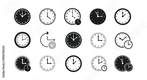 Various modern vector clock and digital timer illustrations for time management, deadlines, and scheduling graphic design.