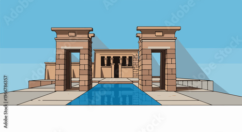 Stylized ancient Egyptian temple entrance with reflection pool under blue sky