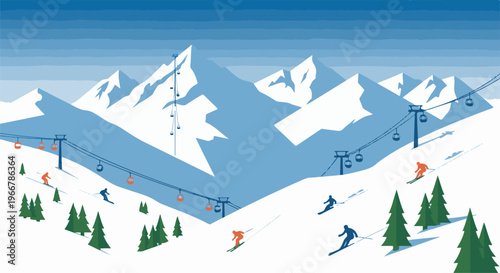 Skiers descend snowy slopes with cable cars ascending majestic mountains