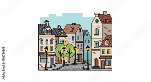 Stylized illustration of a European street scene with charming houses