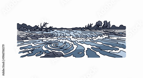 Stylized illustration of a natural waterfall with swirling water and rocks