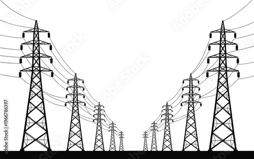 Symmetrical arrangement of silhouetted high-voltage power towers receding into the distance on a white background