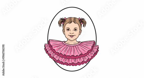 Cartoon illustration of a smiling young girl in pigtails wearing a pink tutu