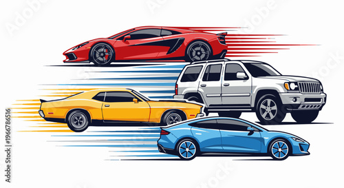 Colorful, stylized vehicles in motion with speed lines