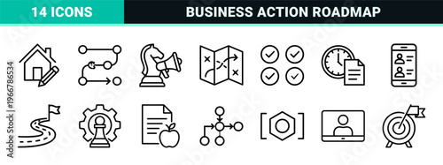 Strategic Business Planning and Project Management Outline Icons Featuring Minimalist Monoline Action Plan Geometry for Corporate Workflow.