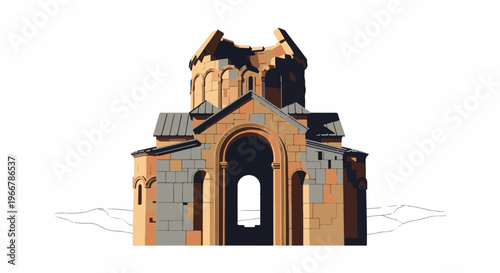 Stylized illustration of an ancient, partially ruined stone building with arched entrances
