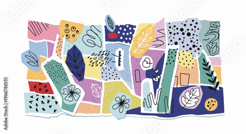 Colorful abstract collage with torn paper, floral, and leaf motifs