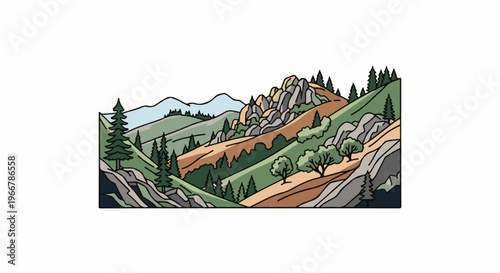 Stylized mountain range with trees and rocky outcrops under a light sky