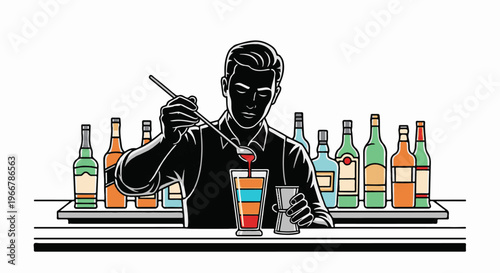 Bartender crafting a layered drink behind a bar with bottles