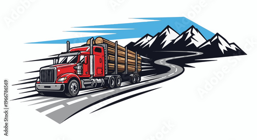 Red log truck driving on a winding mountain road
