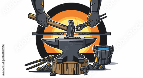 Blacksmith working at an anvil with hammer, tongs, coal, and bucket