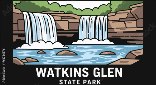 Stylized graphic of a double waterfall cascading into a blue river with rocks and greenery