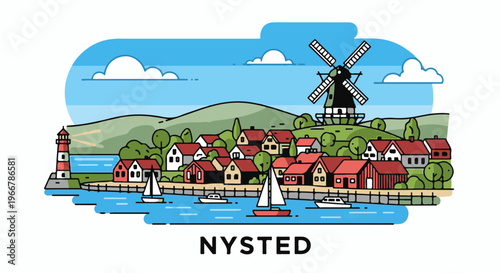 Coastal village with lighthouse, windmill, red-roofed houses, and boats on water