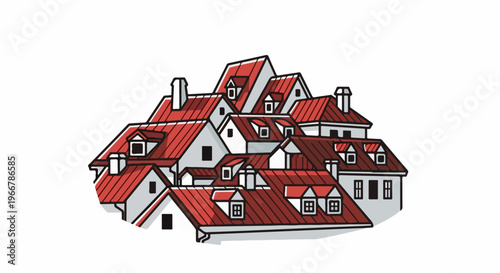 Cluttered rooftops with red tiles and white walls under a bright sky