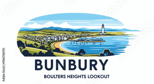 Coastal town with lighthouse, beach, pier, and rolling hills