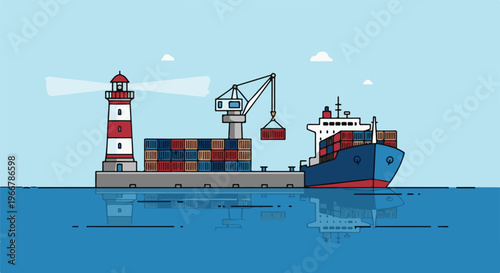 Cargo ship at port with lighthouse and crane loading containers