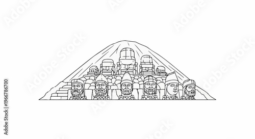 Ancient carved stone heads of figures and pillars atop a mound