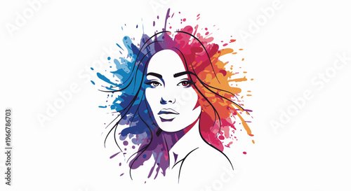 Stylized portrait of a woman with vibrant, abstract paint splashes