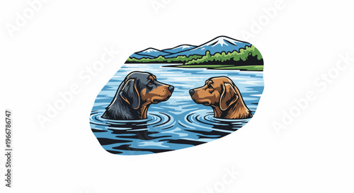 Two dogs swim in a lake with mountains and trees in the background