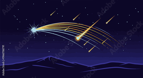 A vibrant meteor shower streaks across a starry night sky over dark, stylized mountains