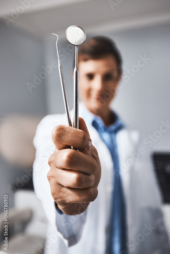 Fotografie Dentist, hands and tools in clinic with healthcare consultation, dental probe or mirror for procedure