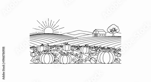 A rural autumn scene depicts a pumpkin patch in the foreground with a barn and fields behind