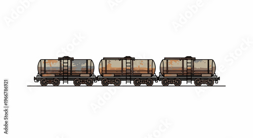 Three rusty, vintage train tank cars lined up