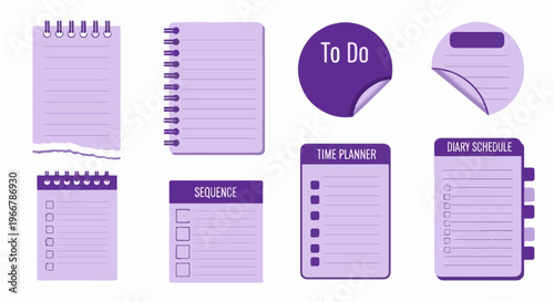 Various purple notebooks, stickers, and planners with to-do lists