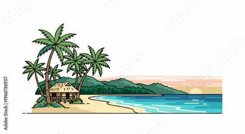 Tropical beach with palm trees and a hut at sunset