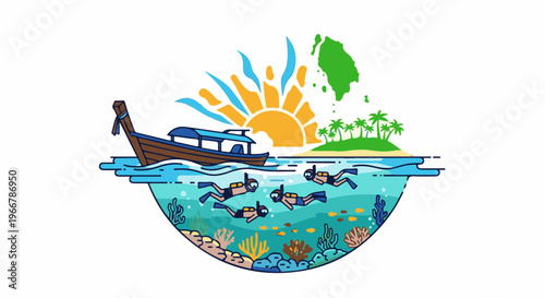 Tropical island scene with snorkelers, boat, sun, and palm trees