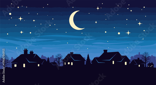 A pixelated night sky with a crescent moon, stars, and silhouetted houses