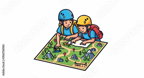 Two cartoon friends wearing helmets and backpacks looking at a map