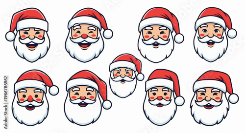 Collection of stylized cartoon Santa Claus heads with various cheerful expressions