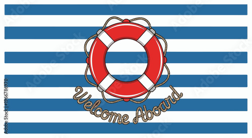 A nautical graphic with a red life preserver and rope on a blue and white striped background