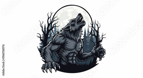 A muscular werewolf howls at a full moon in a spooky forest