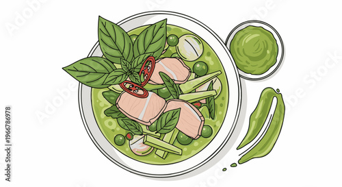 Delicious green curry with fish and basil, served with a side of sauce