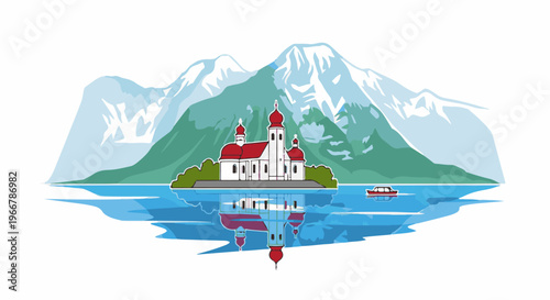 White church with red domes on an island in a lake with mountains