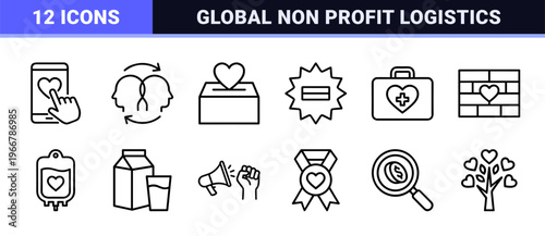Minimalist monoline charity and donation icons featuring geometric line art symbols for humanitarian aid and community support projects.