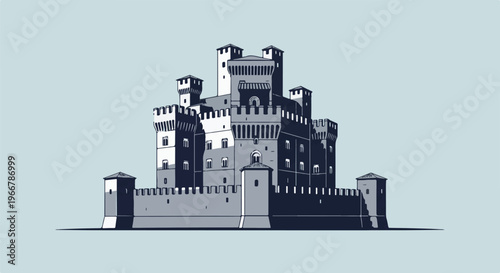 A stylized, monochromatic illustration of a formidable medieval fortress with multiple towers
