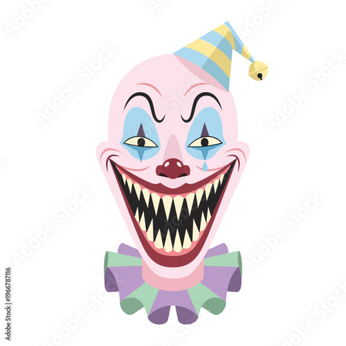 Scary Clown Face with Wide Grin, Jagged Teeth, and Party Hat