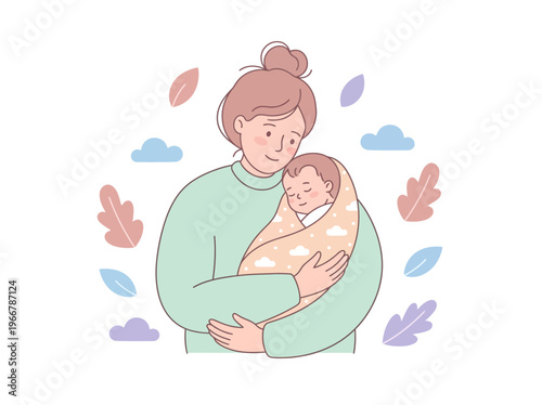 A loving mother gently cuddling her peacefully sleeping infant, wrapped in a blanket, in a serene and soft illustrated setting.