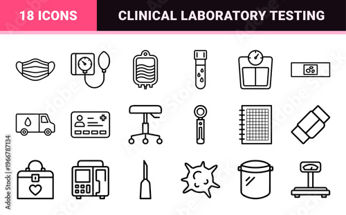 minimalist monoline hematology and blood donation icon set featuring geometric line art symbols for medical laboratory and healthcare utility.