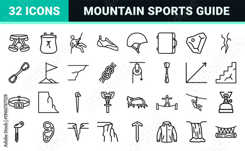 Extreme Geometric Mountaineering Icon Set featuring Minimalist Monoline Rock Climbing and Alpine Hiking Outline Symbols for UI Design.
